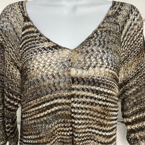 United States Sweater Brown Beige Black SZ L Tunic EUC V Neck Open Weave - Picture 3 of 9